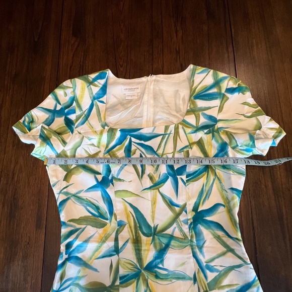 Liz Claiborne Floral Silk Dress, Blue, Green, Lined Midi, Short Sleeve, Size 6 - Picture 7 of 14